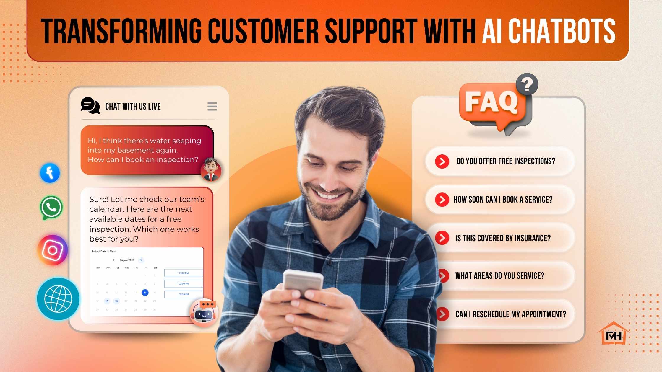 FMH_September 2025_AI Chatbots for Instant Customer Inquiries Graphic showing a man using his phone while an AI chatbot interface answers customer questions about inspections, services, and insurance coverage. Text reads: “Transforming Customer Support with AI Chatbots.”