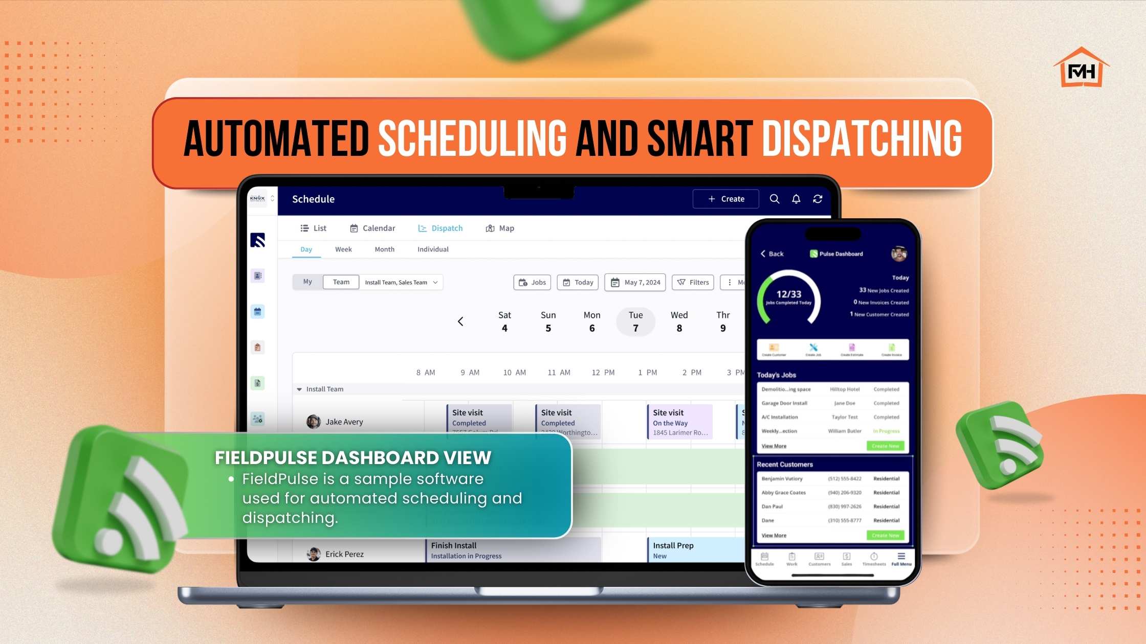 FMH_September 2025_Automated Scheduling and Smart Dispatching Graphic showing a laptop and smartphone with FieldPulse dashboard for automated scheduling and smart dispatching. Text reads: “Automated Scheduling and Smart Dispatching.”