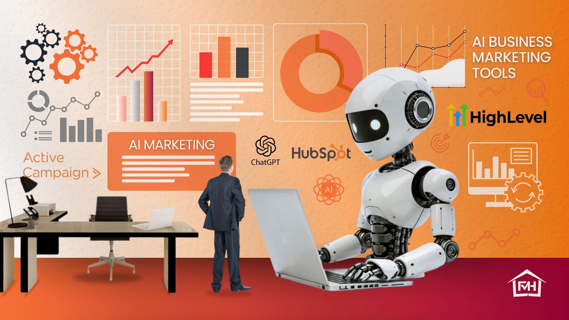 FMH_September 2025_Smarter Marketing with AI Graphic showing a robot using a laptop with charts, graphs, and logos of AI marketing tools including ChatGPT, HubSpot, HighLevel, and ActiveCampaign. Text reads: “AI Business Marketing Tools.”