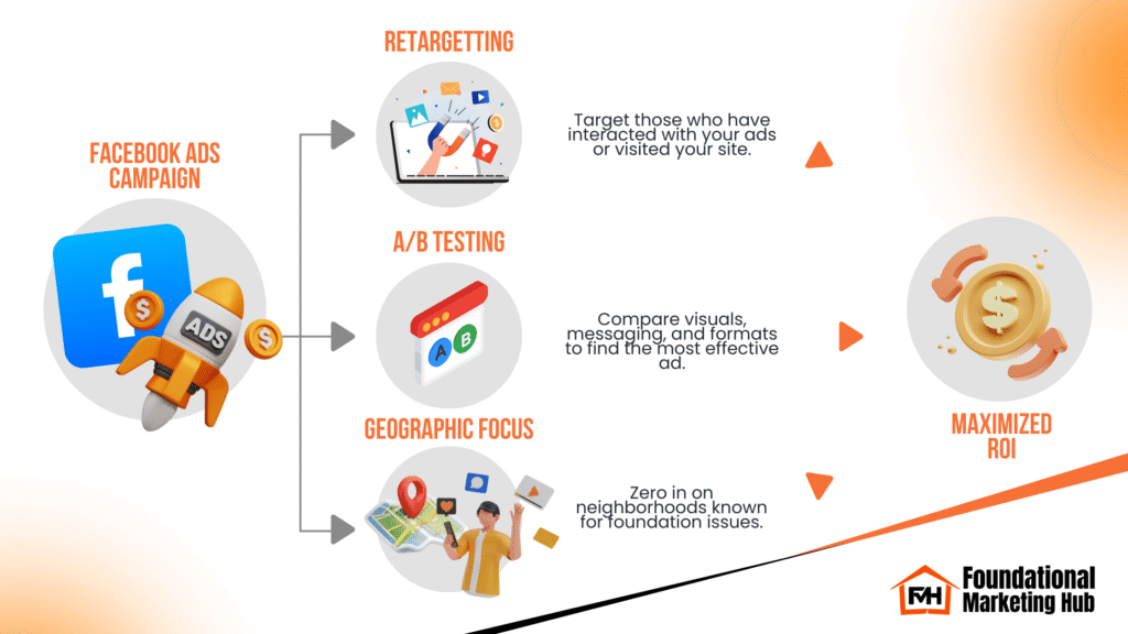 Facebook Ads campaign optimization flowchart showing retargeting, A/B testing, and geographic targeting leading to maximized ROI.