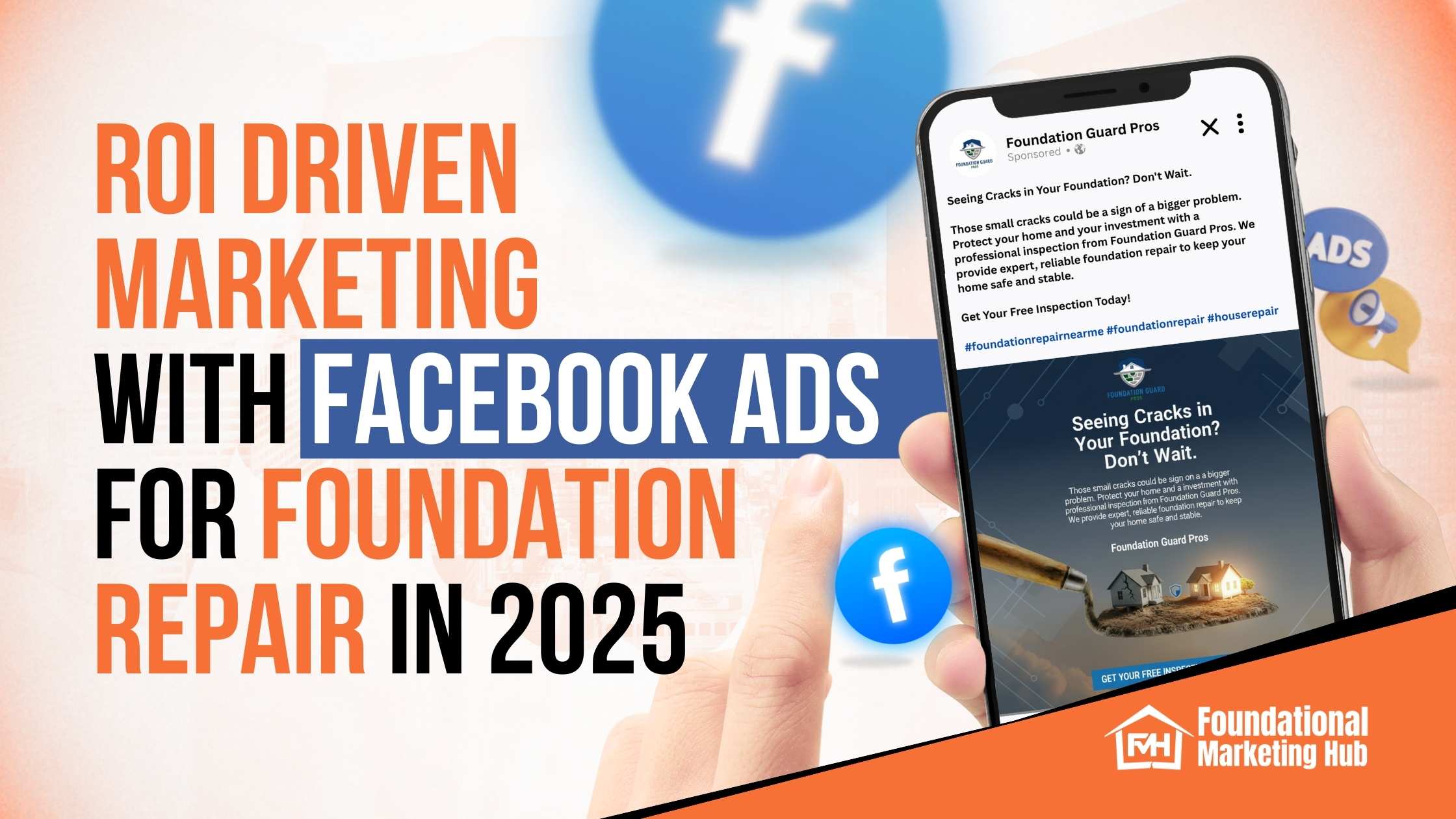Smartphone displaying a Facebook ad for foundation repair services alongside bold text that reads "ROI Driven Marketing with Facebook Ads for Foundation Repair in 2025," with Foundational Marketing Hub branding.