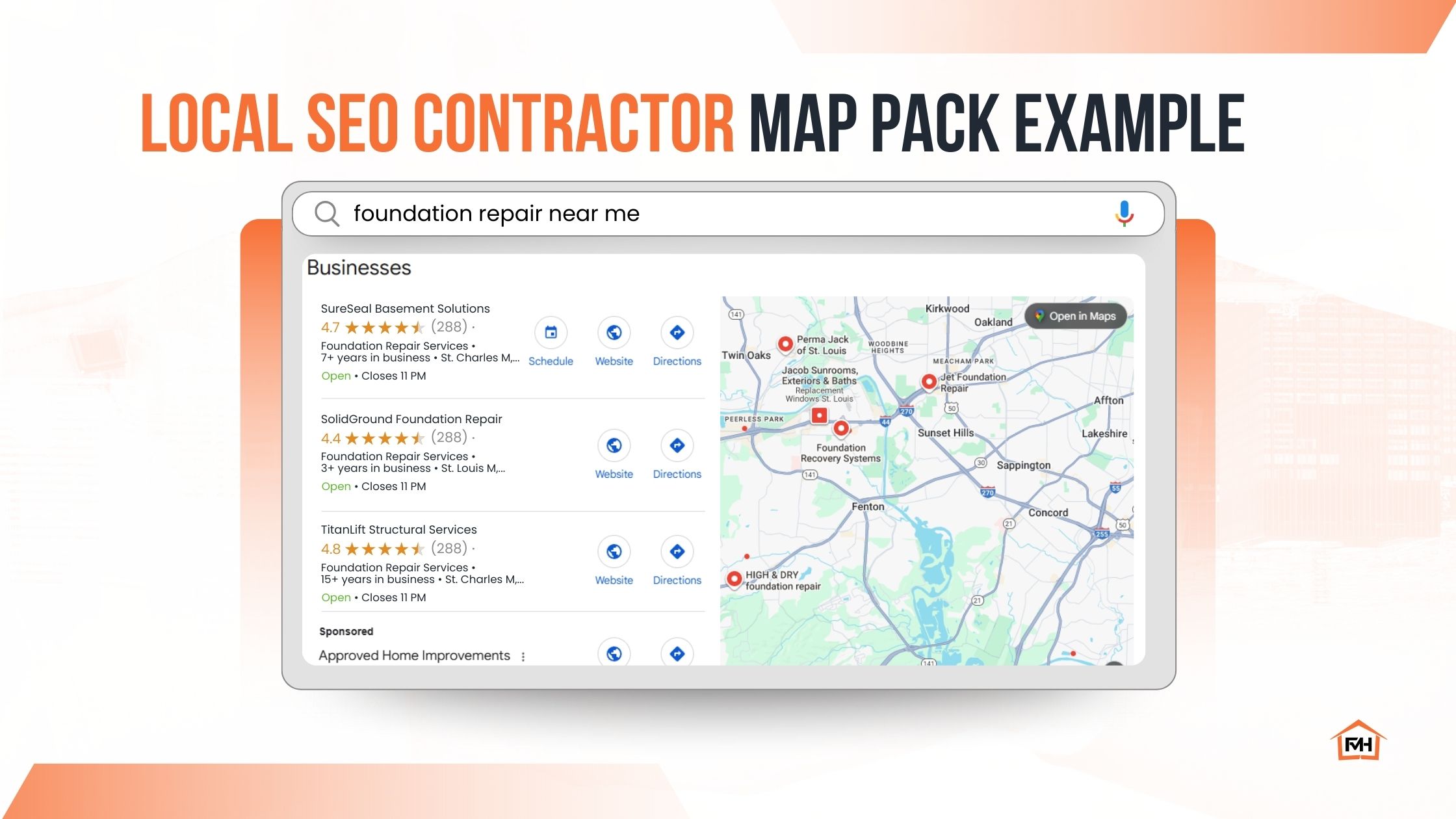 Local SEO Contractor Map Pack Example – Foundation Repair Search Results Local SEO contractor map pack example showing foundation repair businesses ranking for ‘foundation repair near me’ in Google’s local results.