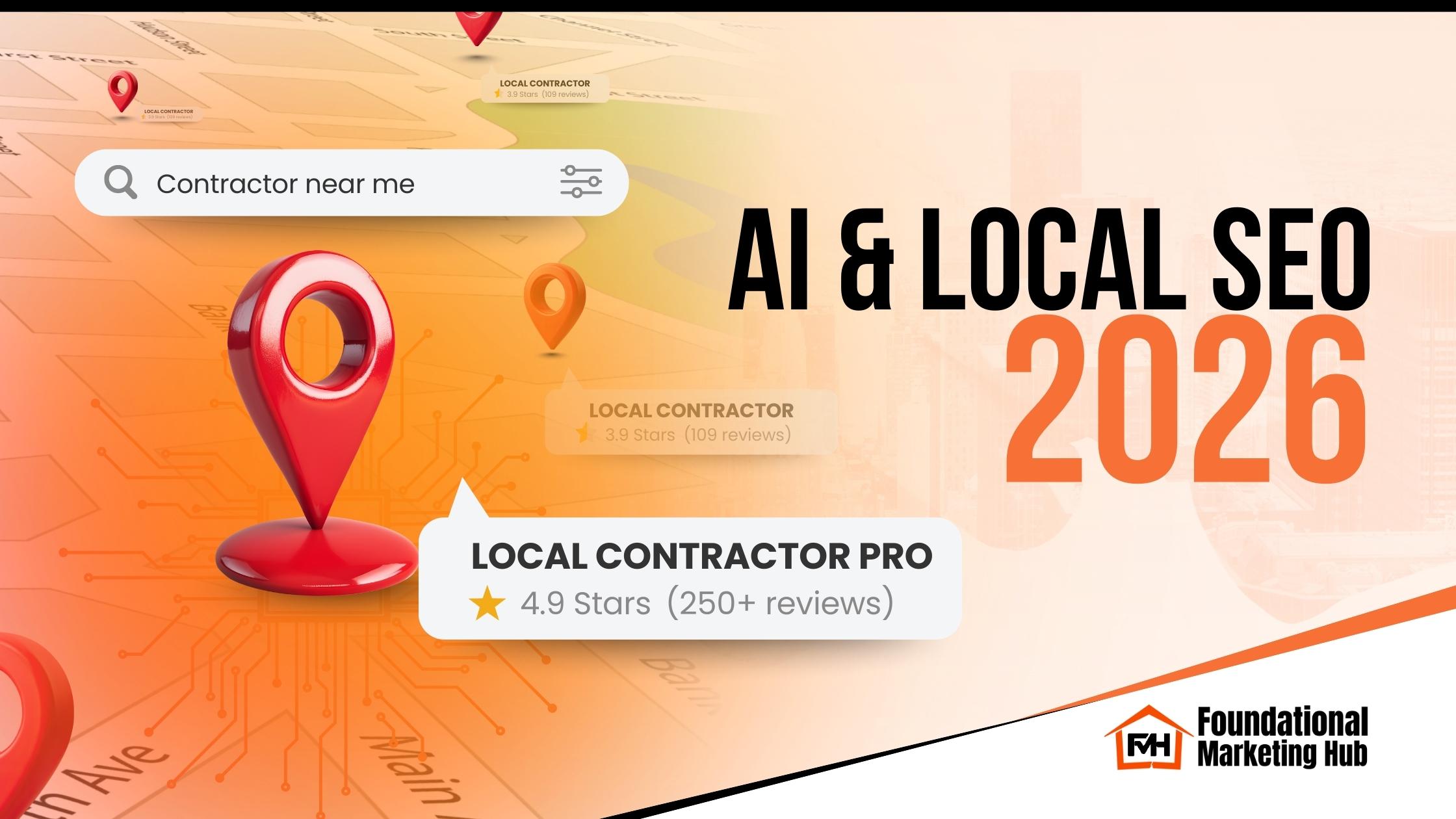AI and local SEO 2026 graphic showing “Contractor near me” search and map pin