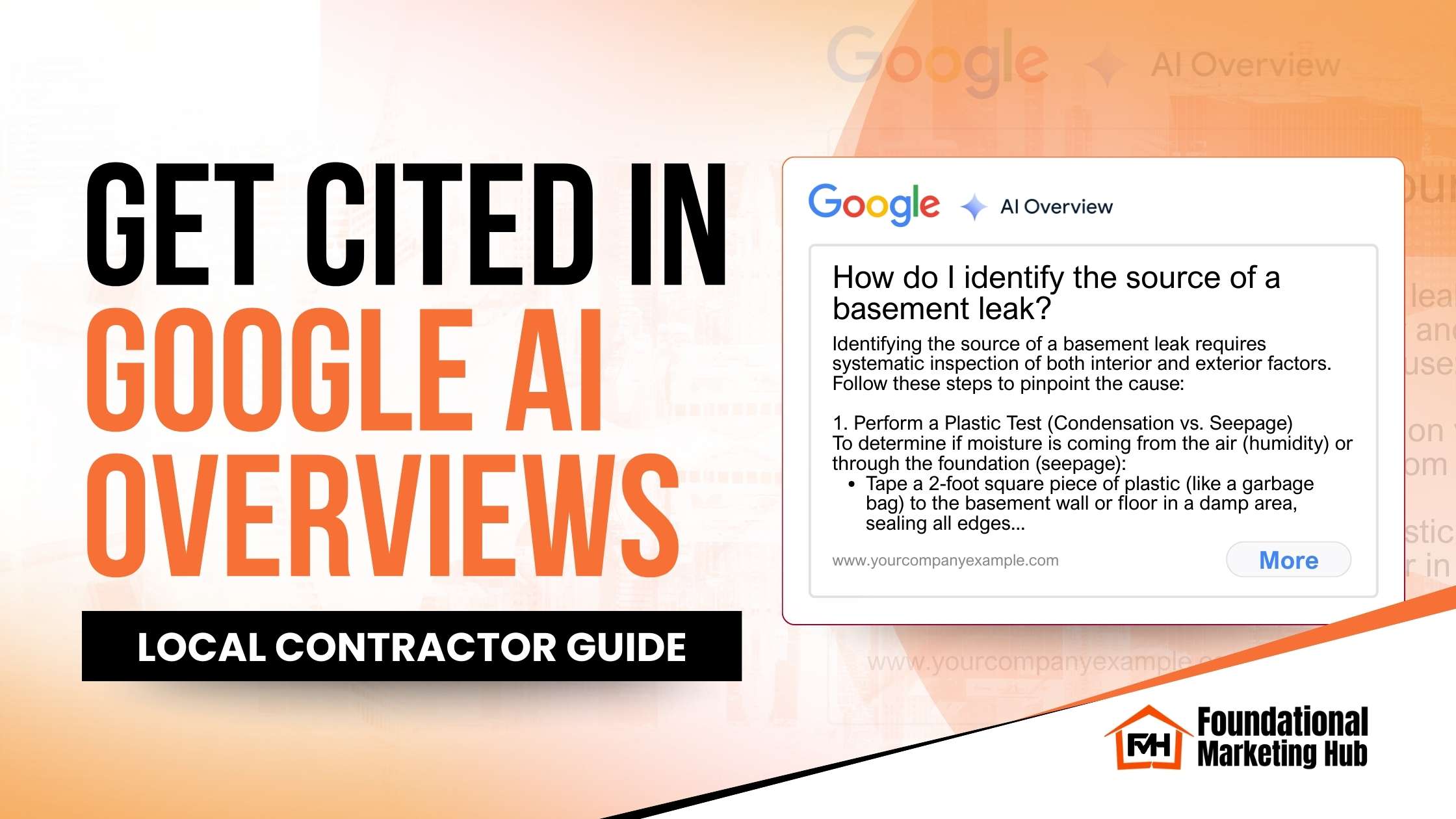 Foundational Marketing Hub featured image that says “Get Cited in Google AI Overviews” with a Google AI Overview example about identifying the source of a basement leak and a “Local Contractor Guide” label.