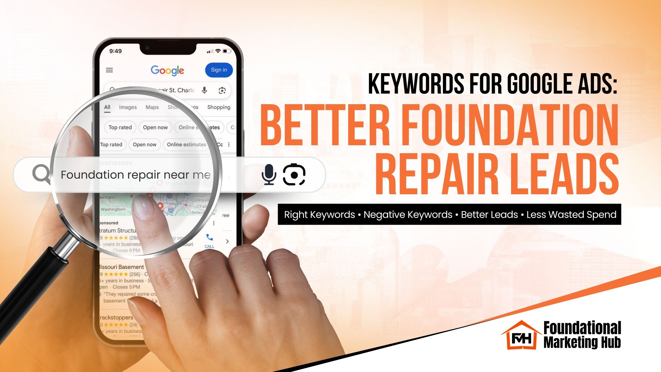 Keywords for Google Ads that generate better foundation repair leads including search term “foundation repair near me”