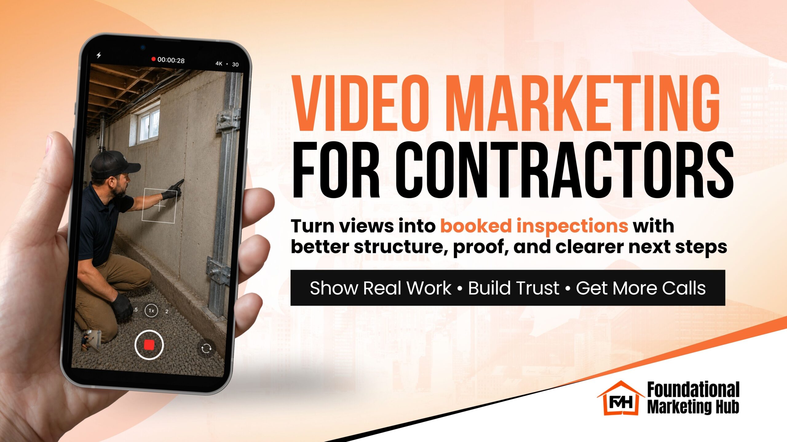Smartphone recording a contractor inspecting a basement foundation wall with bold text reading “Video Marketing for Contractors” and messaging about turning views into booked inspections through trust-building video content.