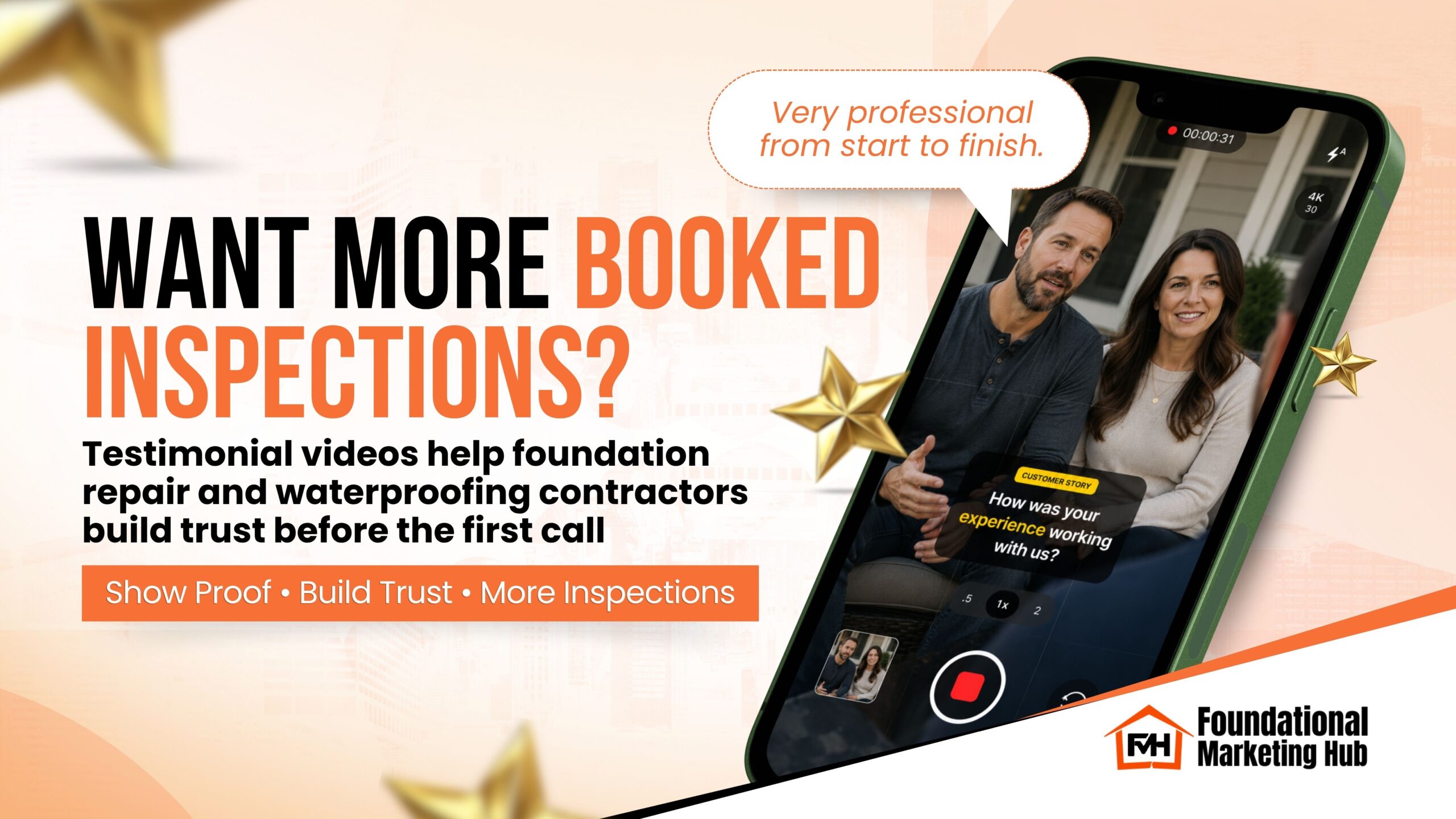 Foundation repair and waterproofing contractor marketing graphic showing a homeowner testimonial video being recorded on a smartphone screen with the headline “Want More Booked Inspections?” promoting testimonial video marketing to build trust and generate more inspection leads for contractors.