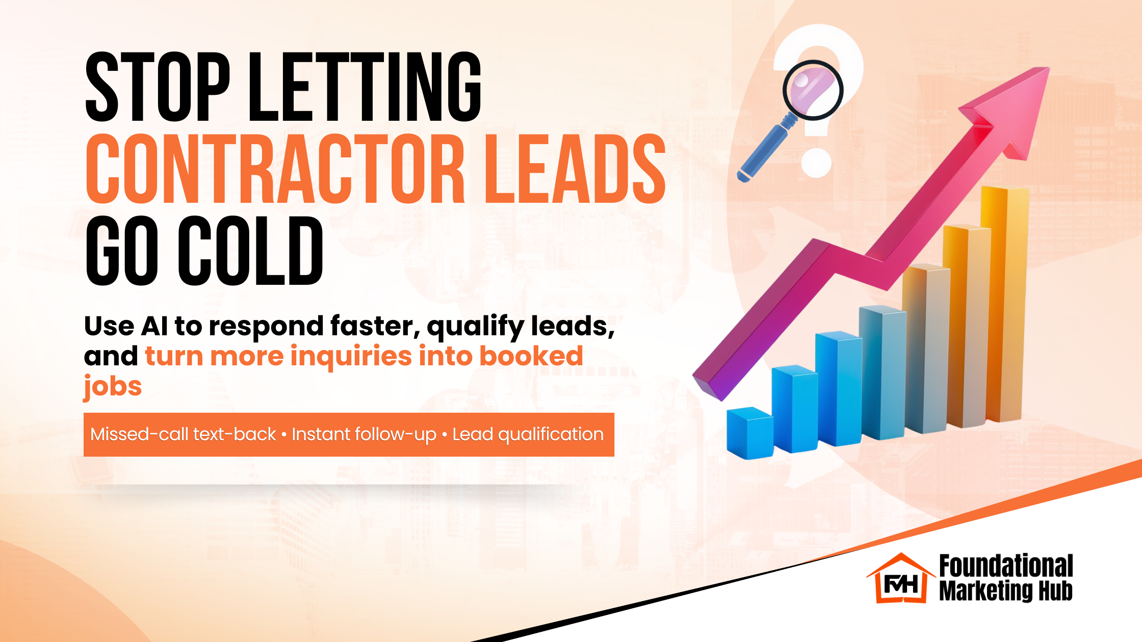Foundational Marketing Hub graphic about AI marketing for contractors with a growth chart, upward arrow, and messaging about faster follow-up and lead qualification.