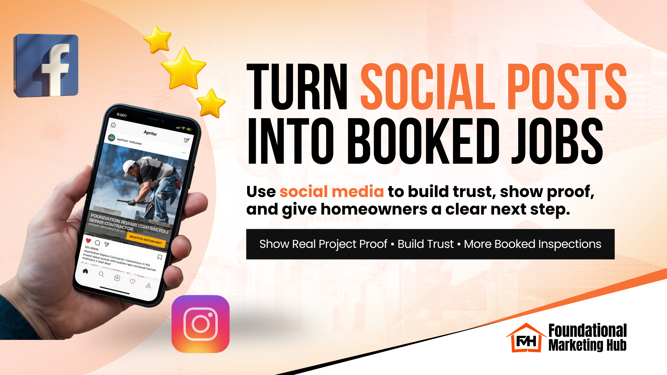 Foundational Marketing Hub graphic showing social media marketing for contractors with Facebook, Instagram, project proof, reviews, and booked inspections.