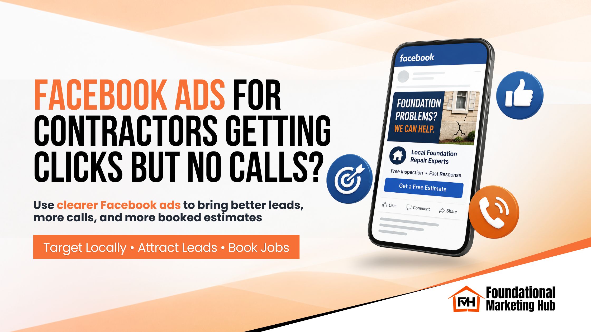 Facebook advertising for contractors graphic showing a foundation repair ad designed to generate better leads, more calls, and booked estimates.