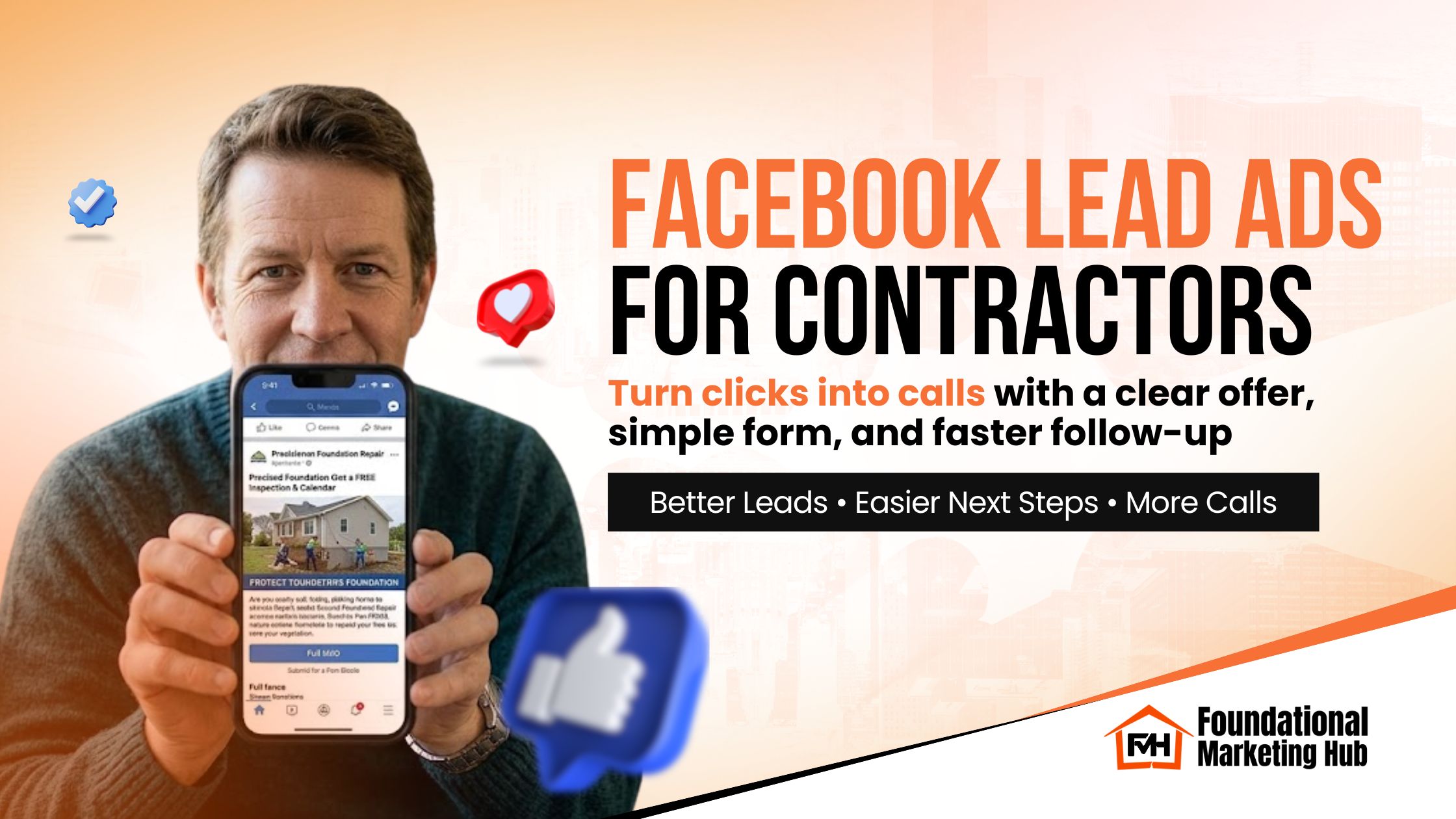 Featured blog image showing a contractor holding a phone with a Facebook lead ad, with text about turning Facebook ad clicks into calls for contractors.