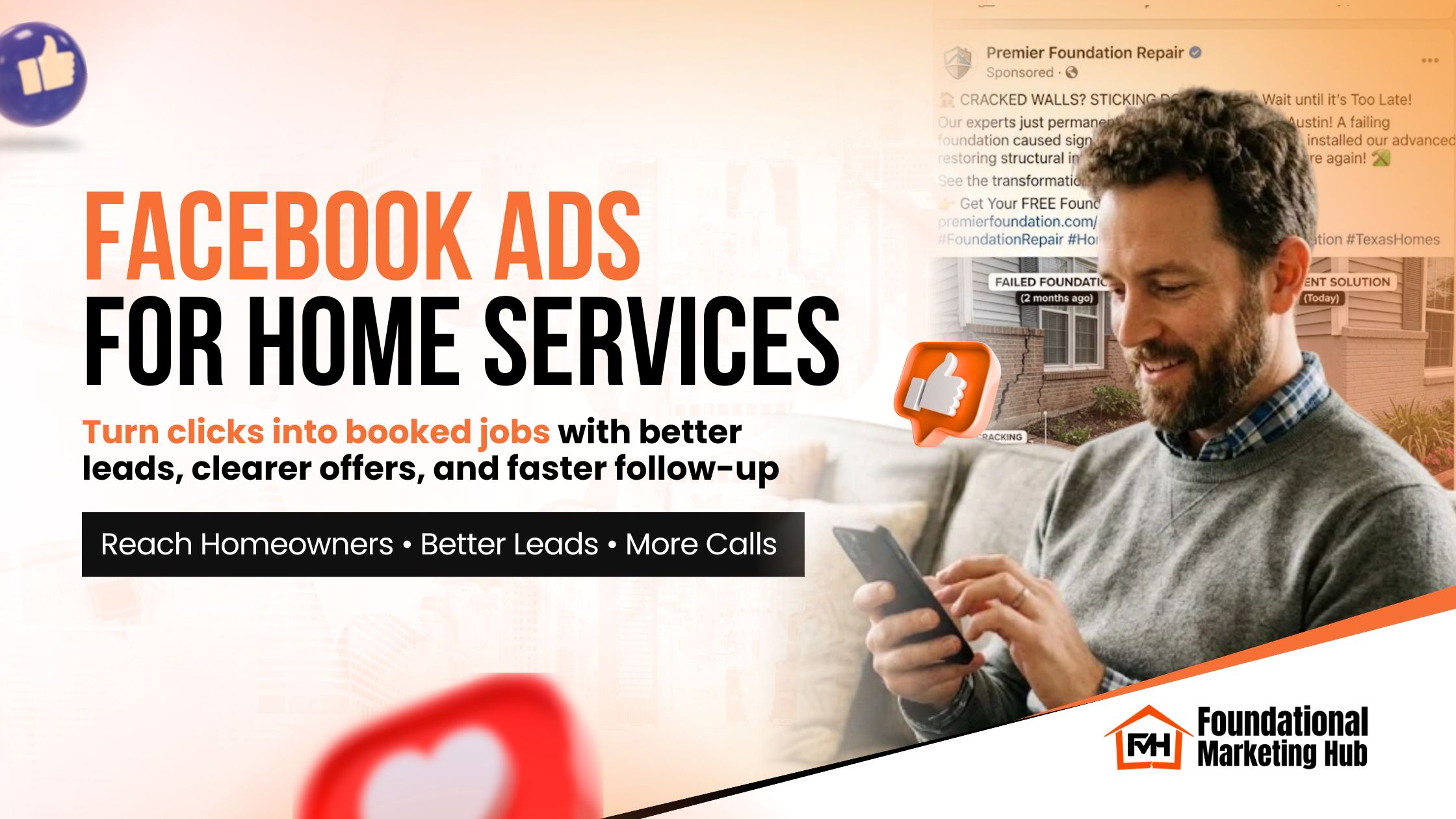 Featured blog image showing a man using his phone beside the text “Facebook Ads for Home Services,” promoting better leads, clearer offers, faster follow-up, and more booked jobs.