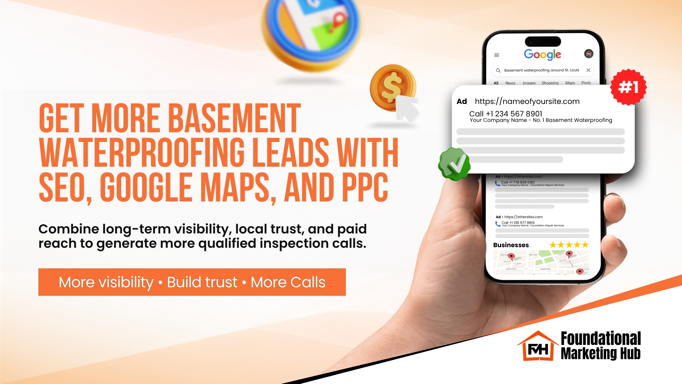 Basement waterproofing marketing graphic showing SEO, Google Maps, and PPC working together to generate more qualified inspection calls.